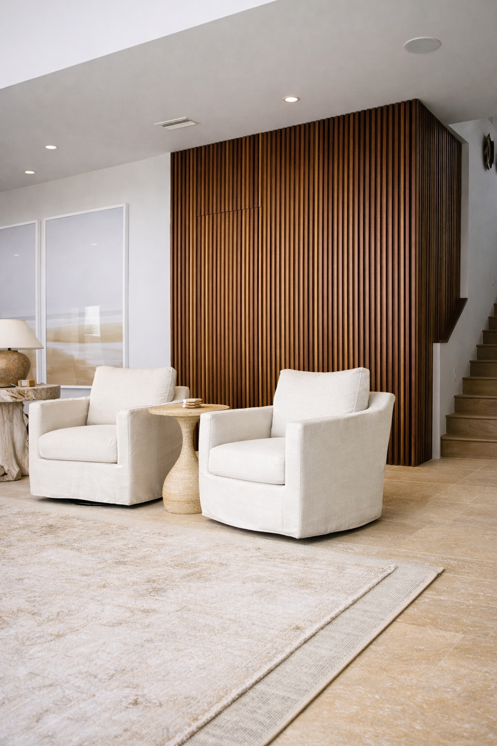 Slatted walnut feature wall built by Roxford Carpentry, Jacksonville FL